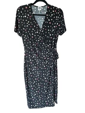 Anne Klein Black Wrap Midi Dress with Pink & White Spot Print